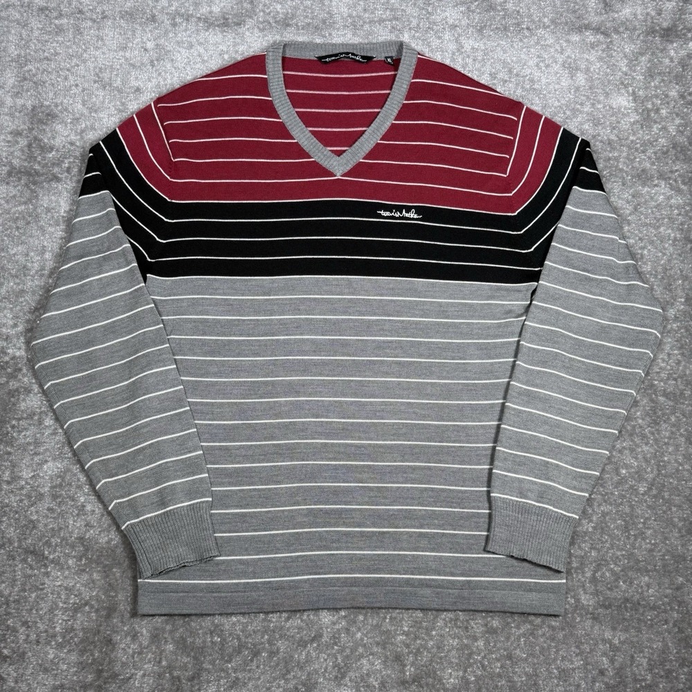 Travis Mathew Sweater Men's XL Gray‎ Red Striped V Neck Merino Wool Blend